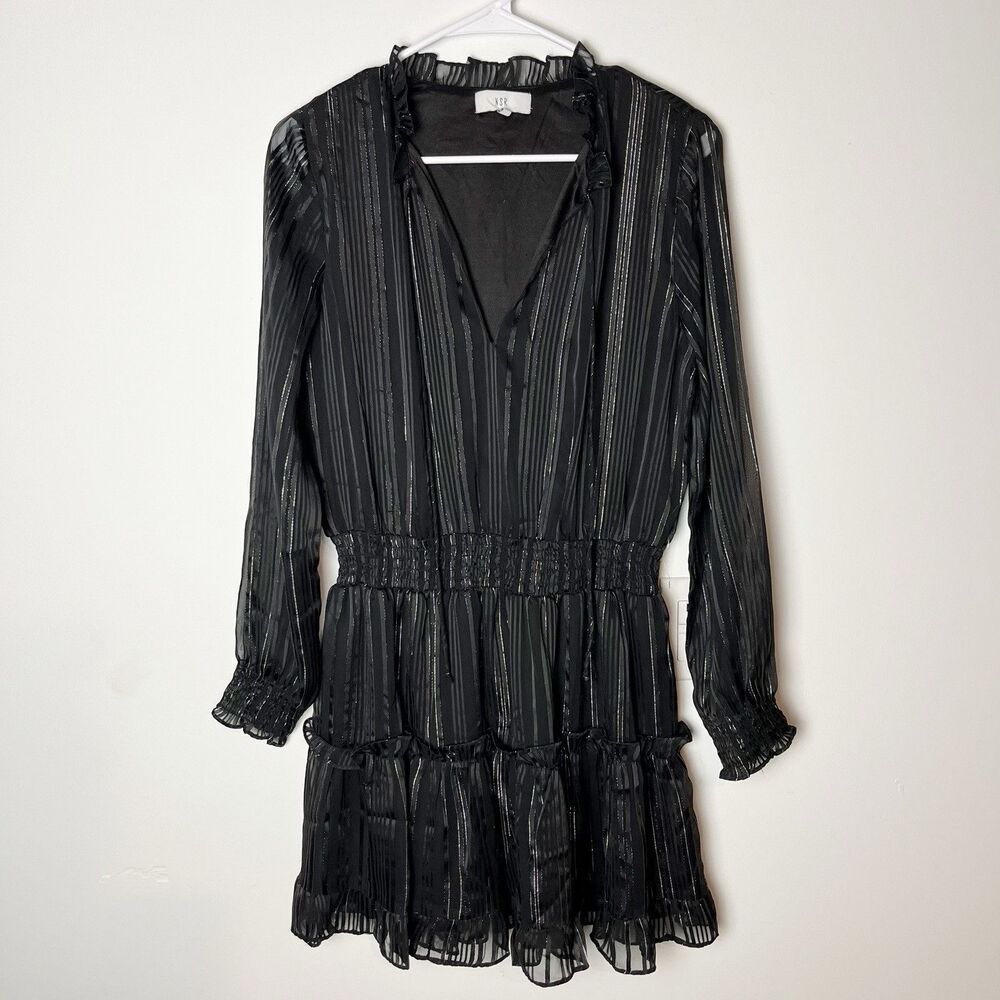 NSR Emma Smocked Tiered Dress Black Size L Sheer‎ Party Coctail​ - Picture 2 of 8